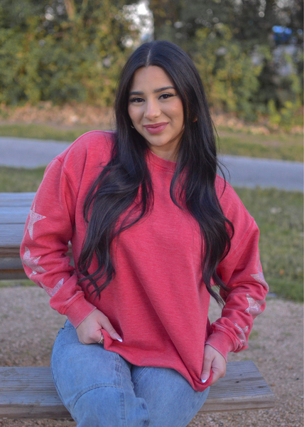 chicka d Burnout Crew Sweatshirt with Rhinestone Sleeves in Cardinal S