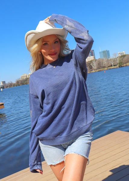 chicka d Burnout Crew Sweatshirt with Rhinestone Sleeves S