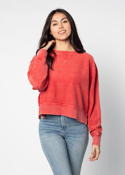 chicka d Corded Boxy Pullover in Red Red