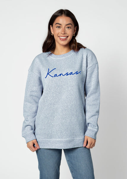 chicka d Kansas Jayhawks Ink Warm Up Crew Sweatshirt S