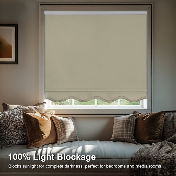 Chicology Custom Roller Shades – Blackout Solid Smooth Fabric Fringed