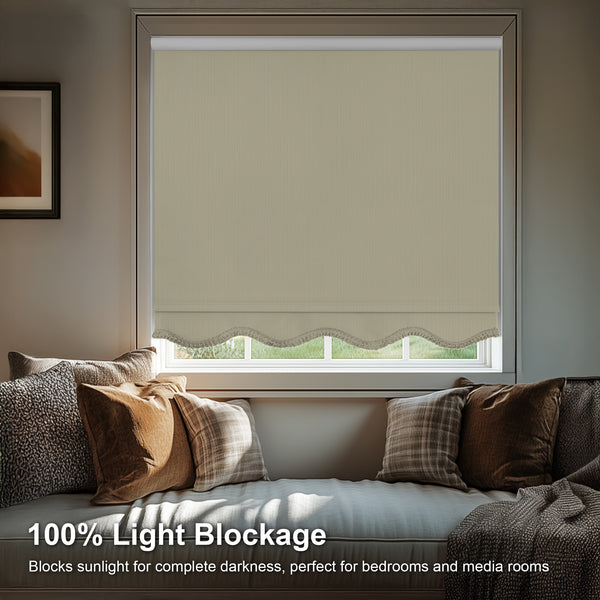 Chicology Custom Roller Shades – Blackout Textured Vinyl Fabric Fringed