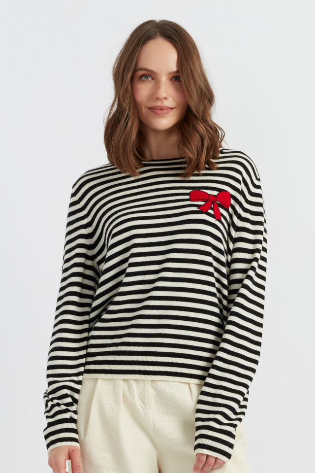 chinti and parker Black Wool-Cashmere Bow Breton Sweater