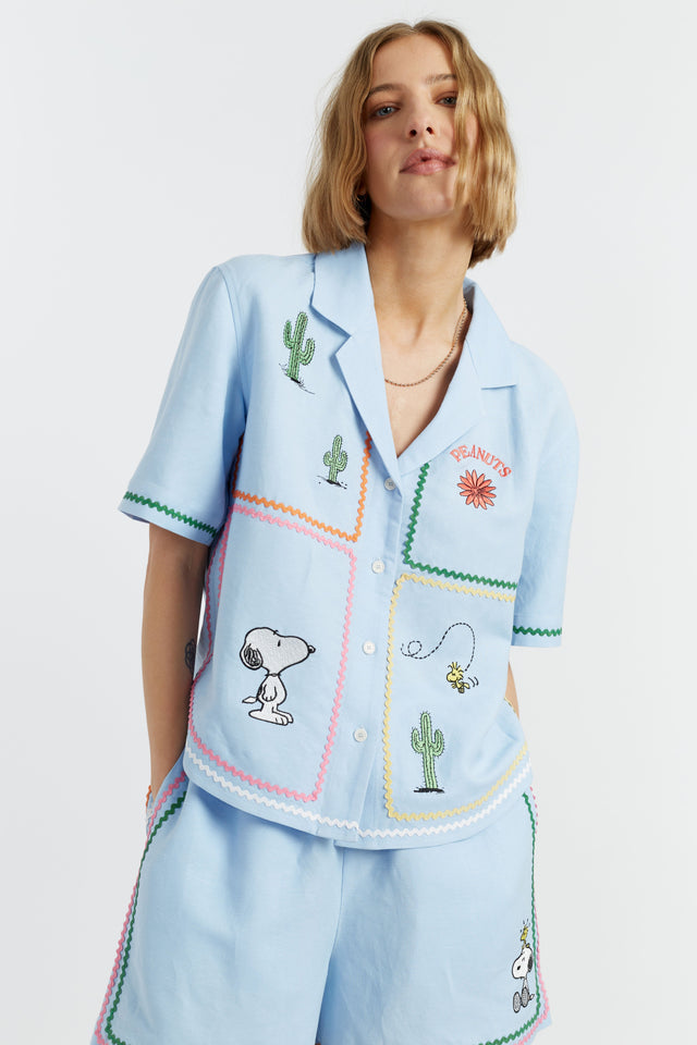 chinti and parker Blue Linen-Cotton Peanuts Vacation Shirt
