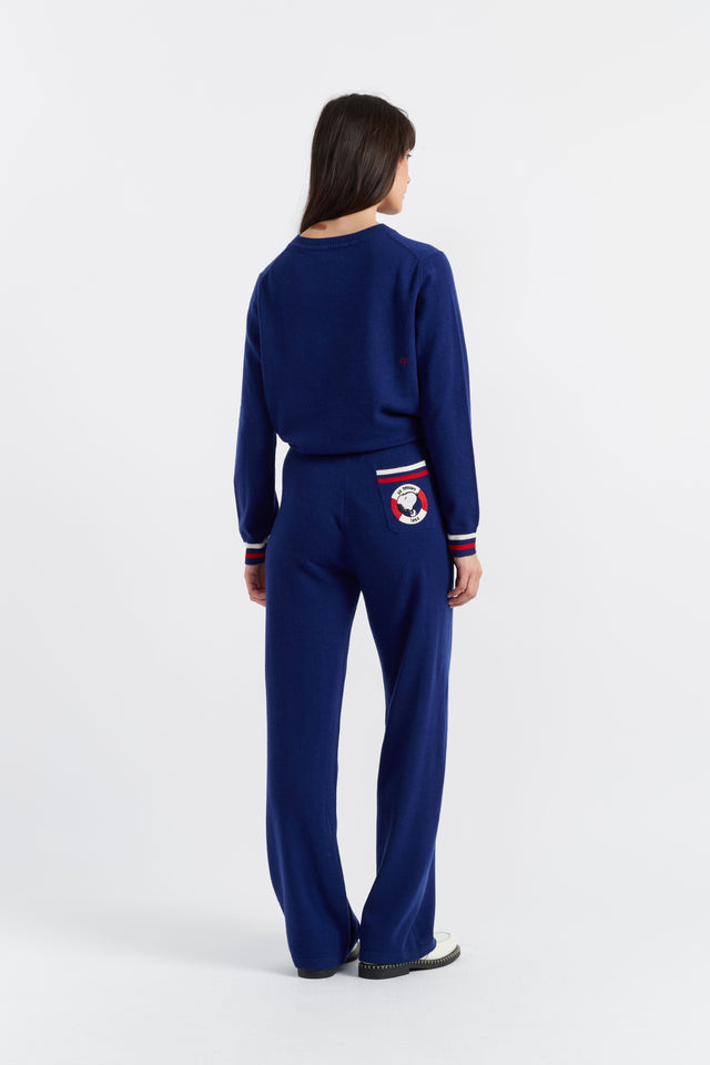 chinti and parker Blue Wool-Cashmere Snoopy Nautical Wide-Leg Track Pants