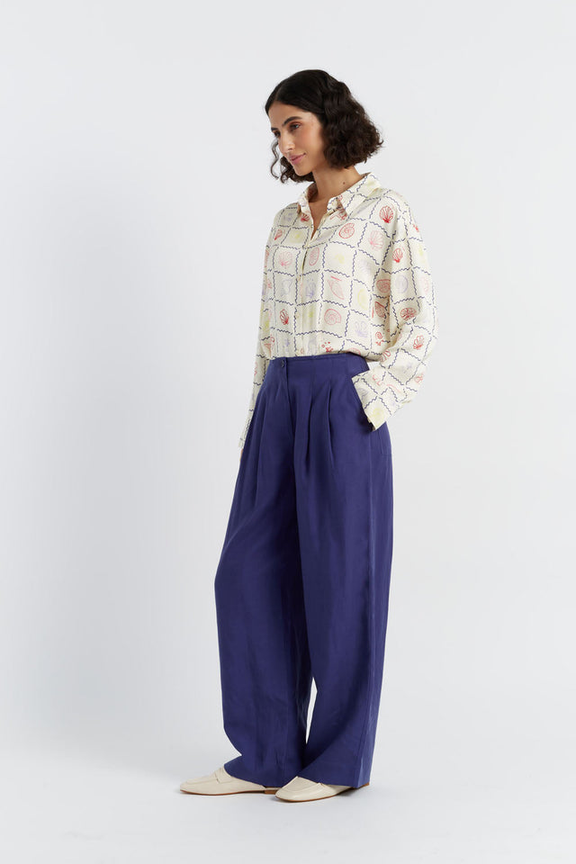 Chinti And Parker Blue Tencel-Linen Pleat Trousers