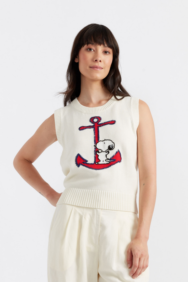 chinti and parker Cream Cotton Snoopy Anchor Tank