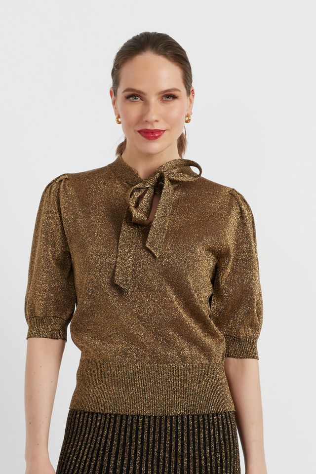 chinti and parker Gold Lurex Pussy-Bow Top