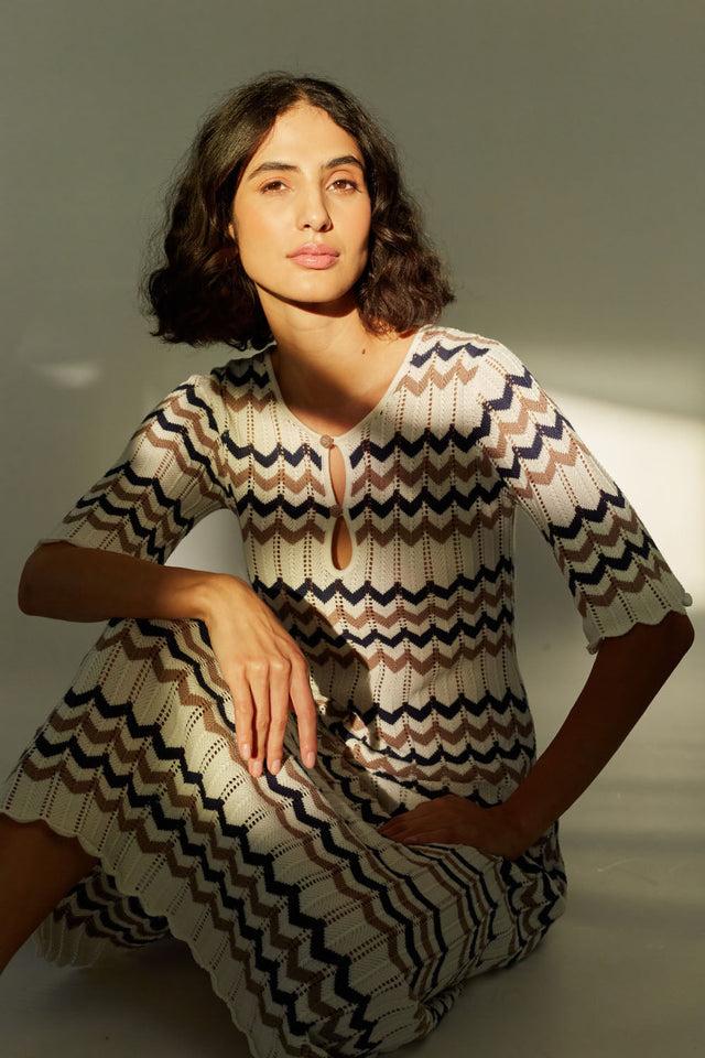 Chinti And Parker Navy Cotton Chevron Stitch Dress