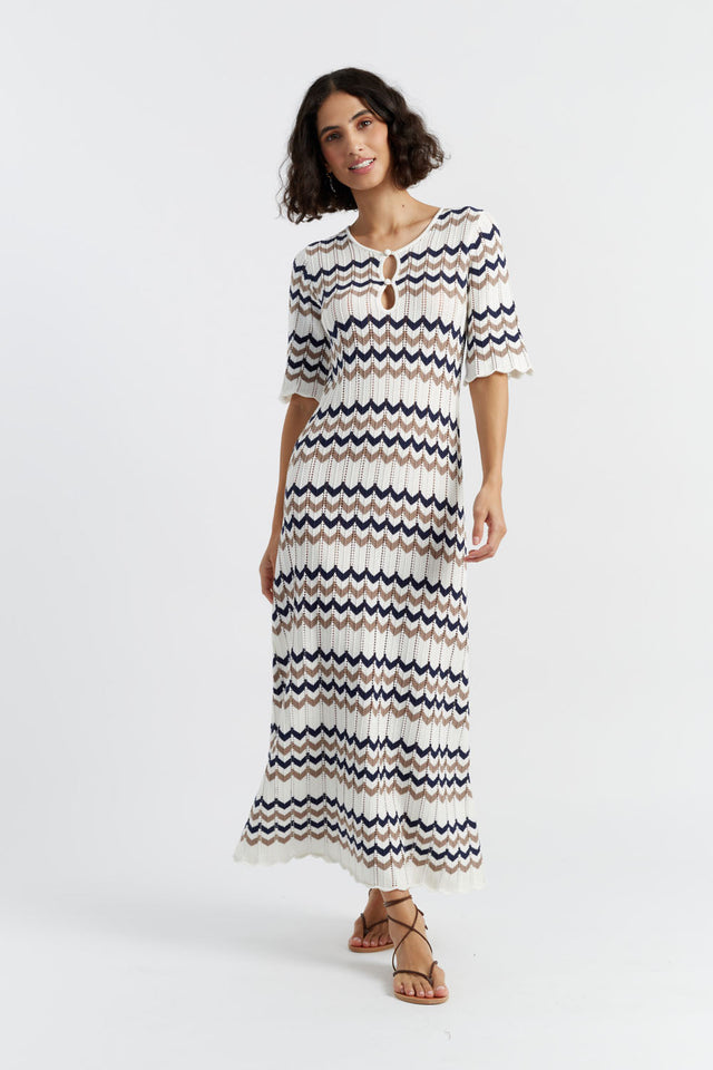 chinti and parker Navy Cotton Chevron Stitch Dress
