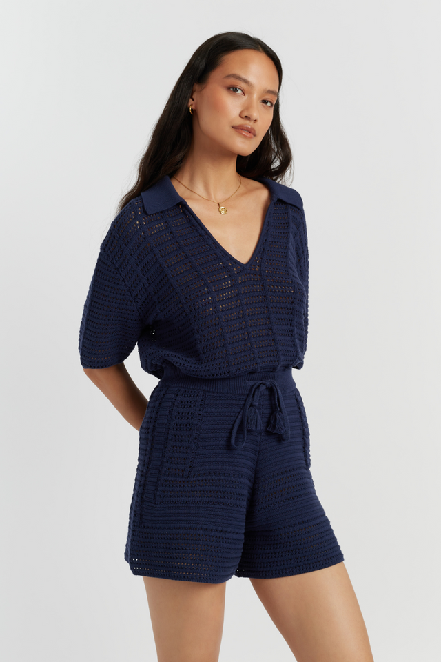 Chinti And Parker Navy Cotton Crochet Shorts