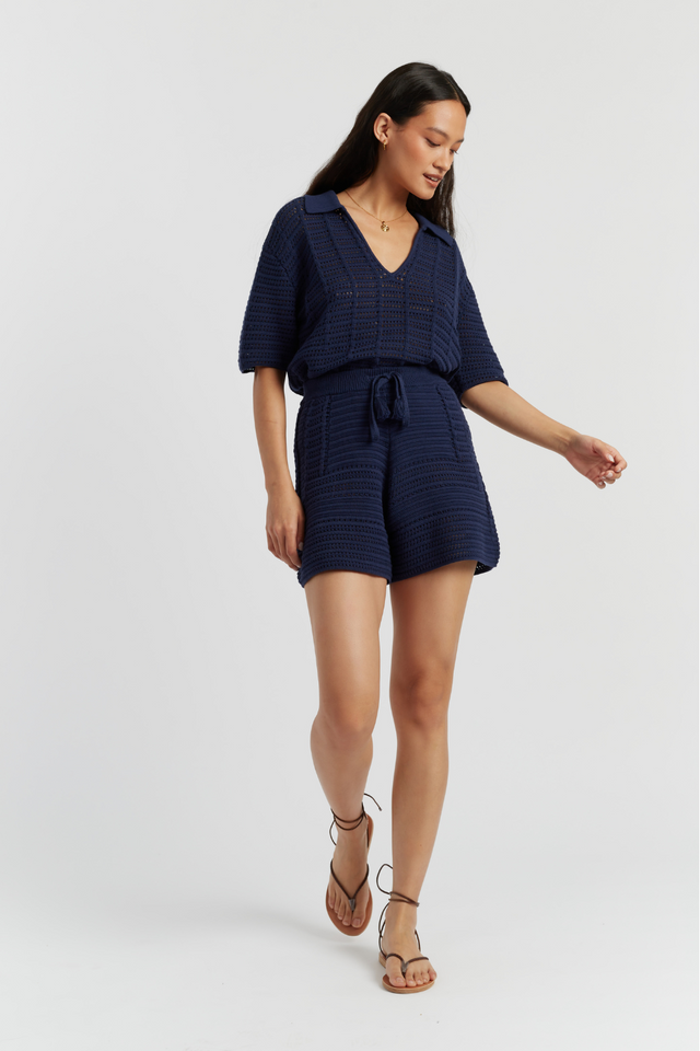 chinti and parker Navy Cotton Crochet Shorts