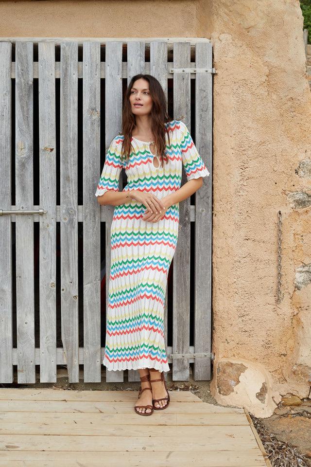Chinti And Parker Cream Cotton Chevron Stitch Dress