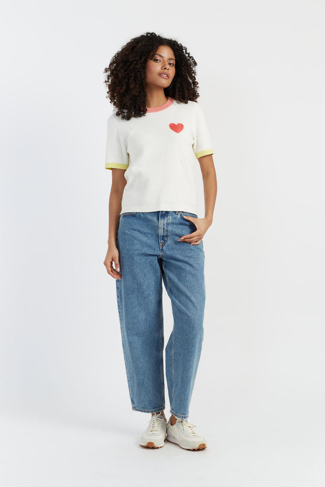 Chinti And Parker Cream Cotton Heart Breton Crochet T-Shirt