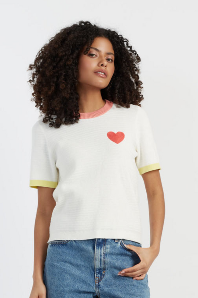 chinti and parker Cream Cotton Heart Breton Crochet T-Shirt
