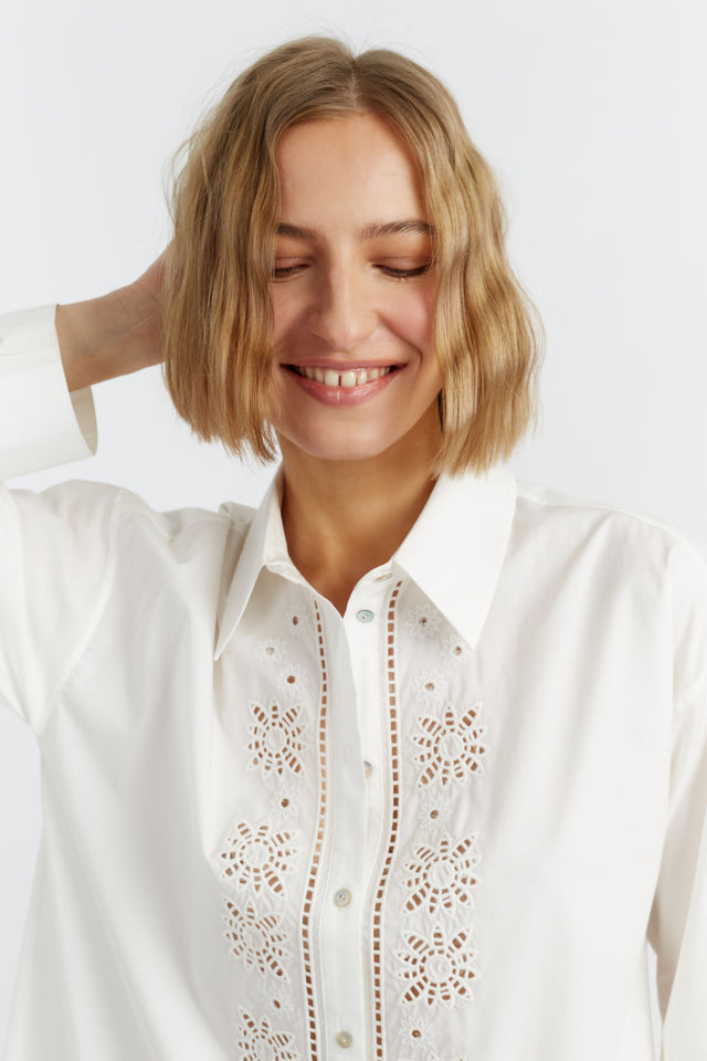 chinti and parker Cream Cotton-Lyocell Broderie Shirt Dress