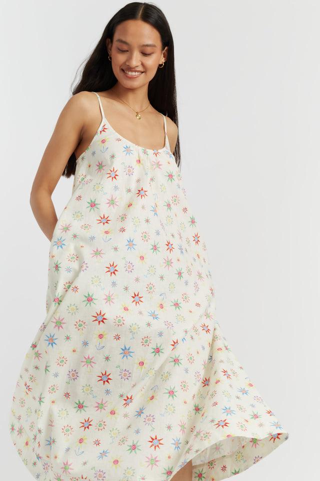 Chinti And Parker Cream Linen-Cotton Etoile Sundress