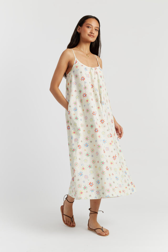 chinti and parker Cream Linen-Cotton Etoile Sundress