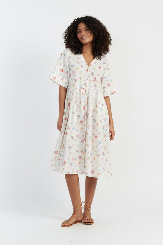 chinti and parker Cream Linen-Cotton Etoile V-Neck Sundress