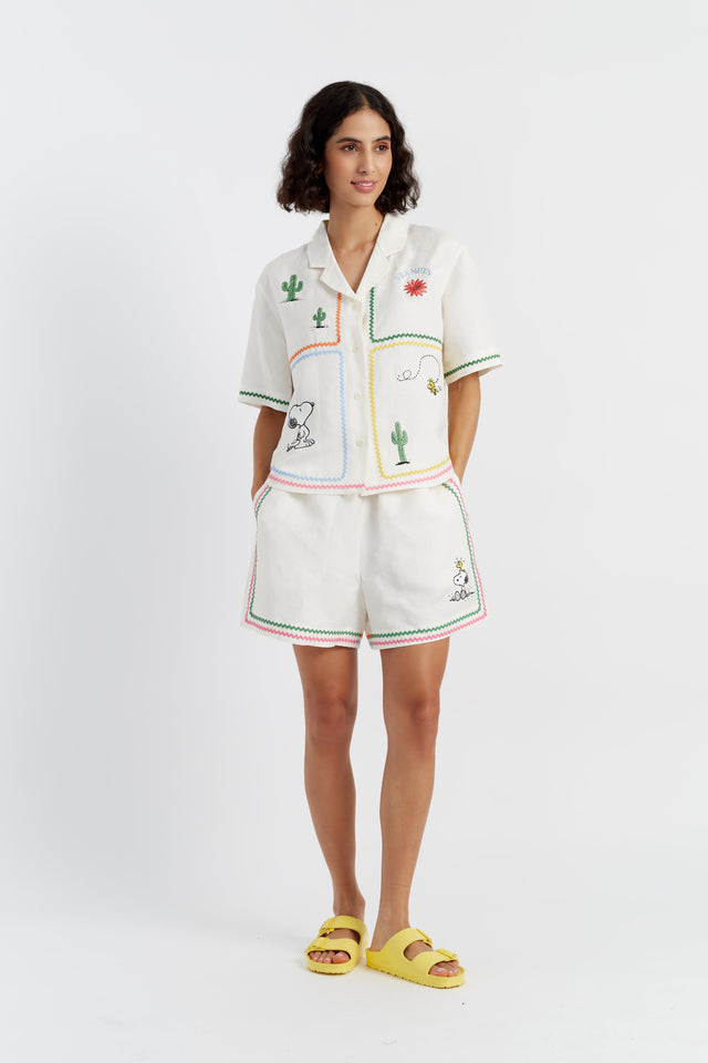 Chinti And Parker Cream Linen-Cotton Peanuts Vacation Shirt