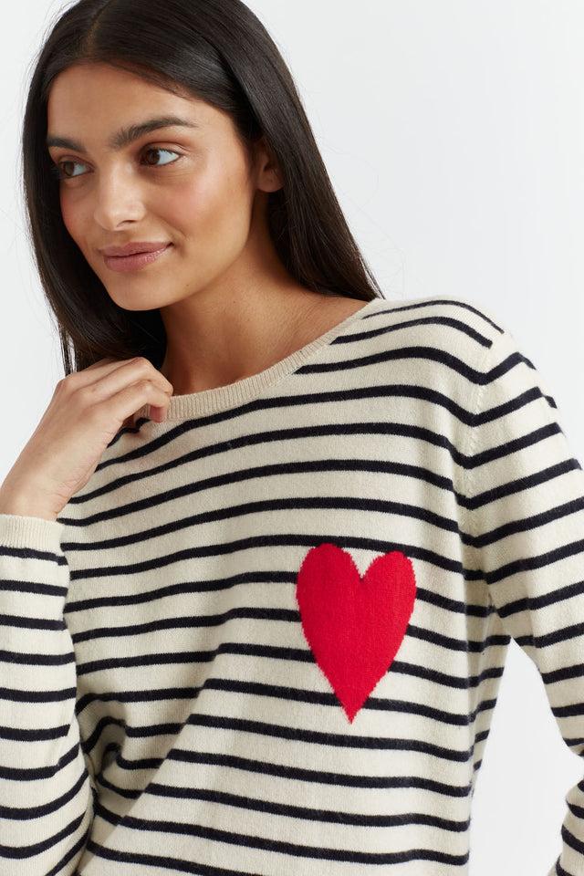 Chinti And Parker Cream-Navy Breton Heart Wool-Cashmere Sweater