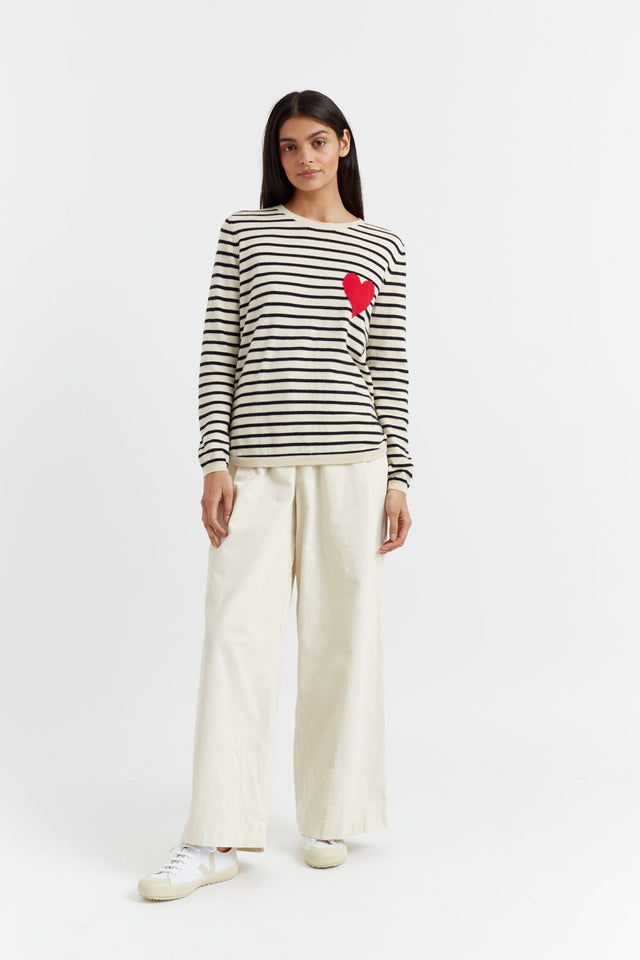 Chinti And Parker Cream-Navy Breton Heart Wool-Cashmere Sweater