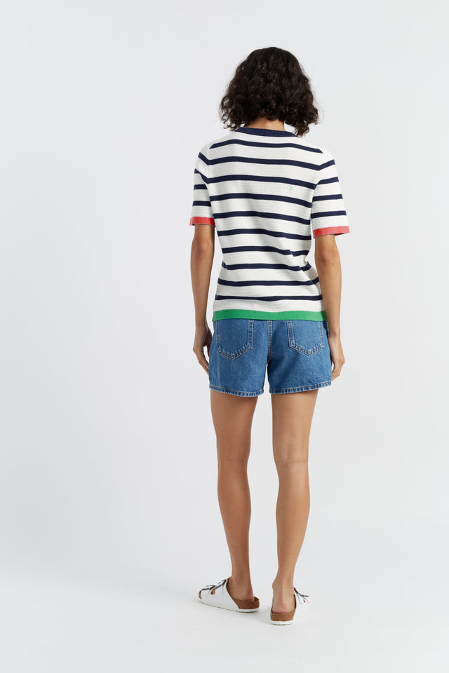 Chinti And Parker Cream-Navy Cotton Heart Breton Crochet T-Shirt