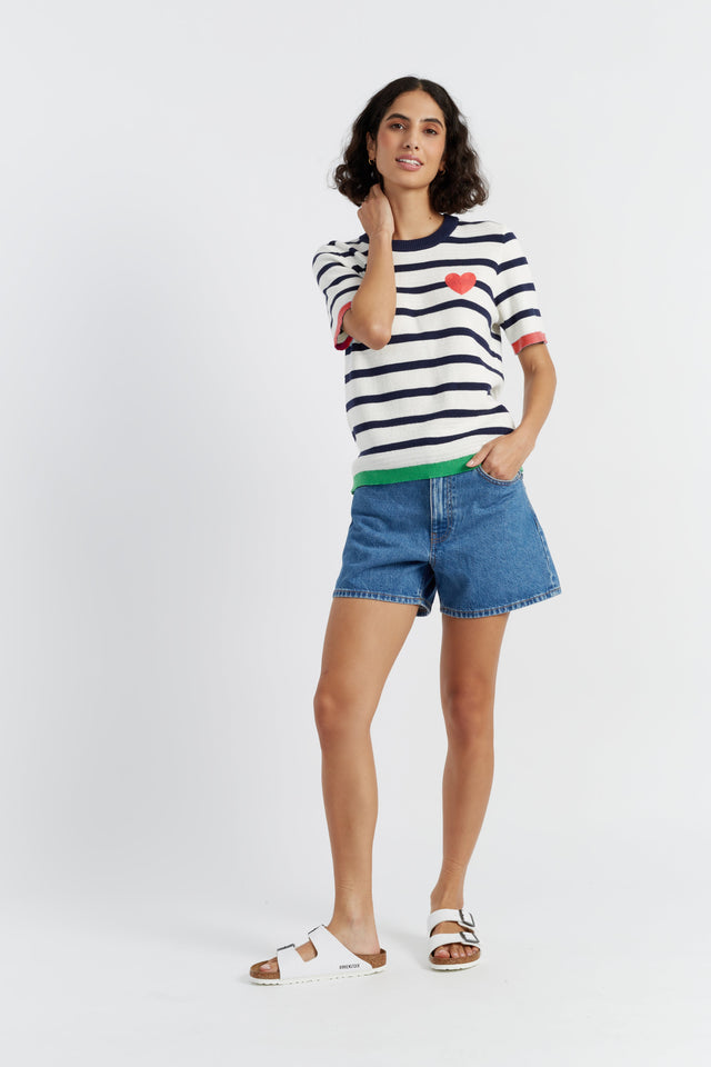 Chinti And Parker Cream-Navy Cotton Heart Breton Crochet T-Shirt