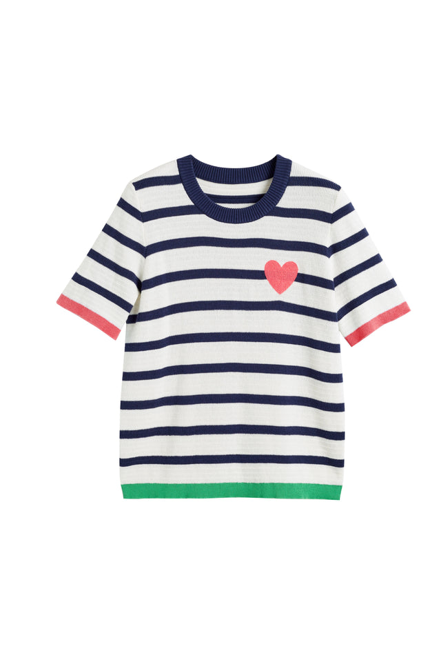 Chinti And Parker Cream-Navy Cotton Heart Breton Crochet T-Shirt