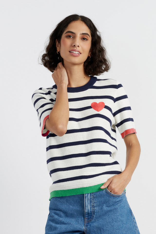 chinti and parker Cream-Navy Cotton Heart Breton Crochet T-Shirt
