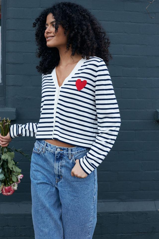 Chinti And Parker Cream-Navy Merino Heart Breton Cardigan