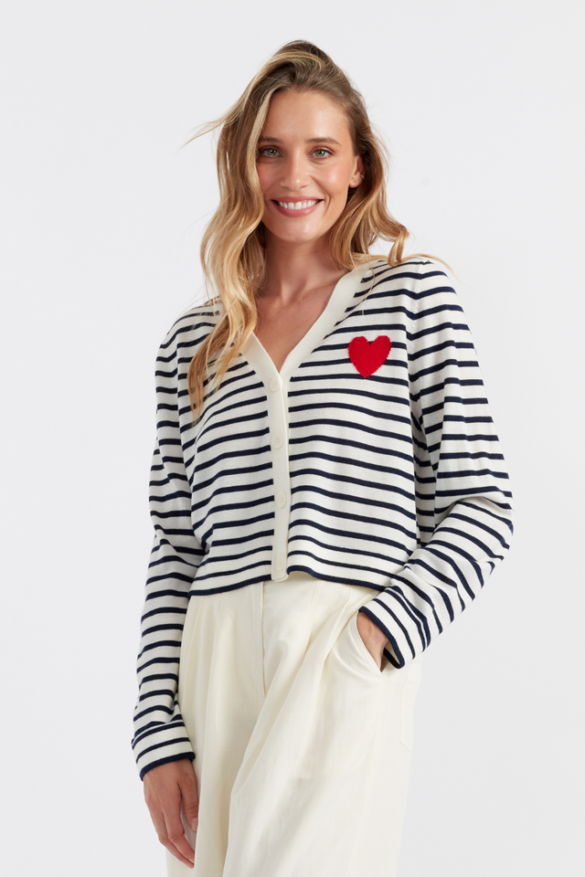 chinti and parker Cream-Navy Merino Heart Breton Cardigan