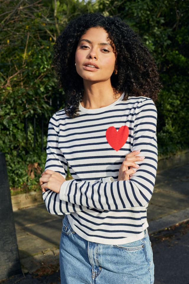 Chinti And Parker Cream-Navy Merino Heart Breton Sweater