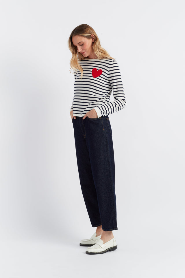 Chinti And Parker Cream-Navy Merino Heart Breton Sweater