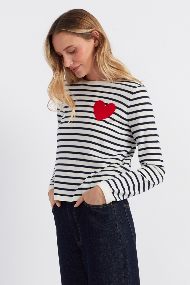 chinti and parker Cream-Navy Merino Heart Breton Sweater