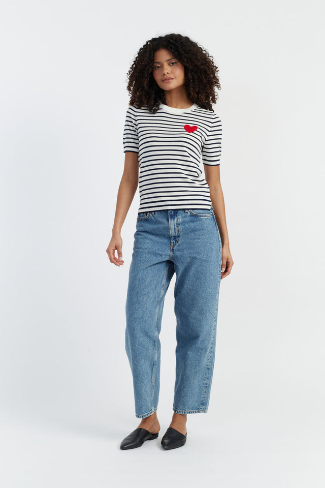 Chinti And Parker Cream-Navy Merino Heart Breton T-shirt