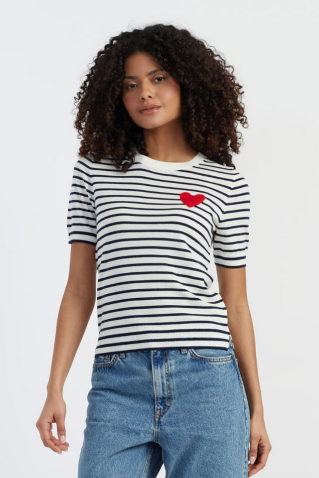 chinti and parker Cream-Navy Merino Heart Breton T-shirt