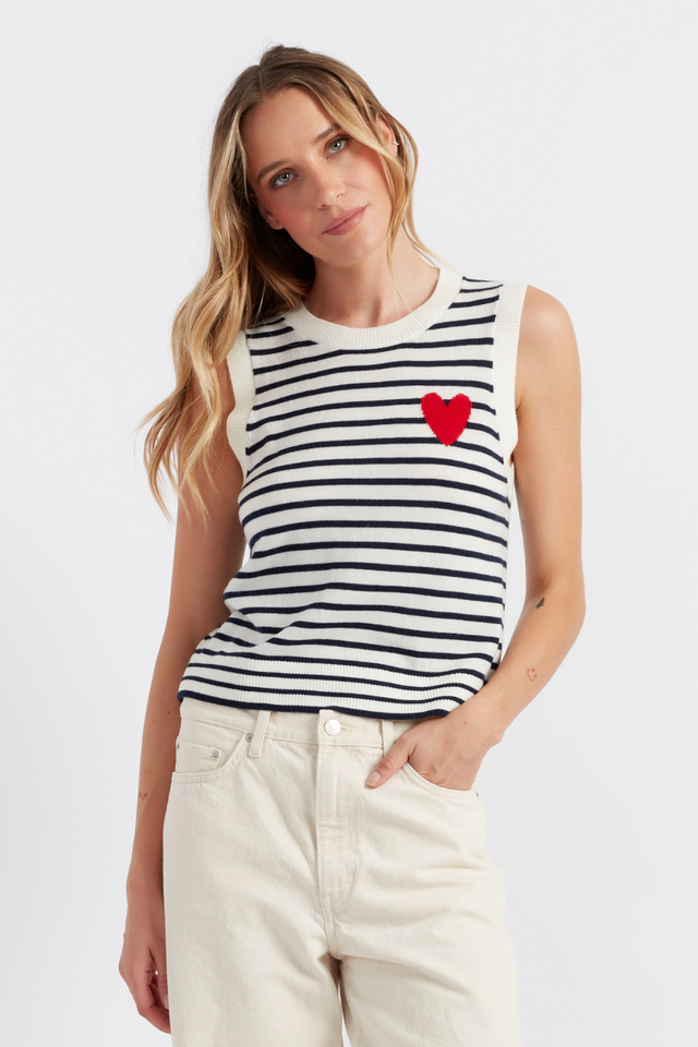 chinti and parker Cream-Navy Merino Heart Breton Tank