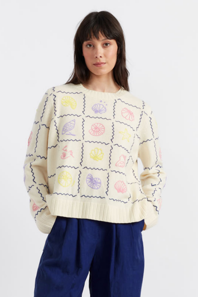 chinti and parker Cream Wool-Cashmere La Mer Embroidered Sweater