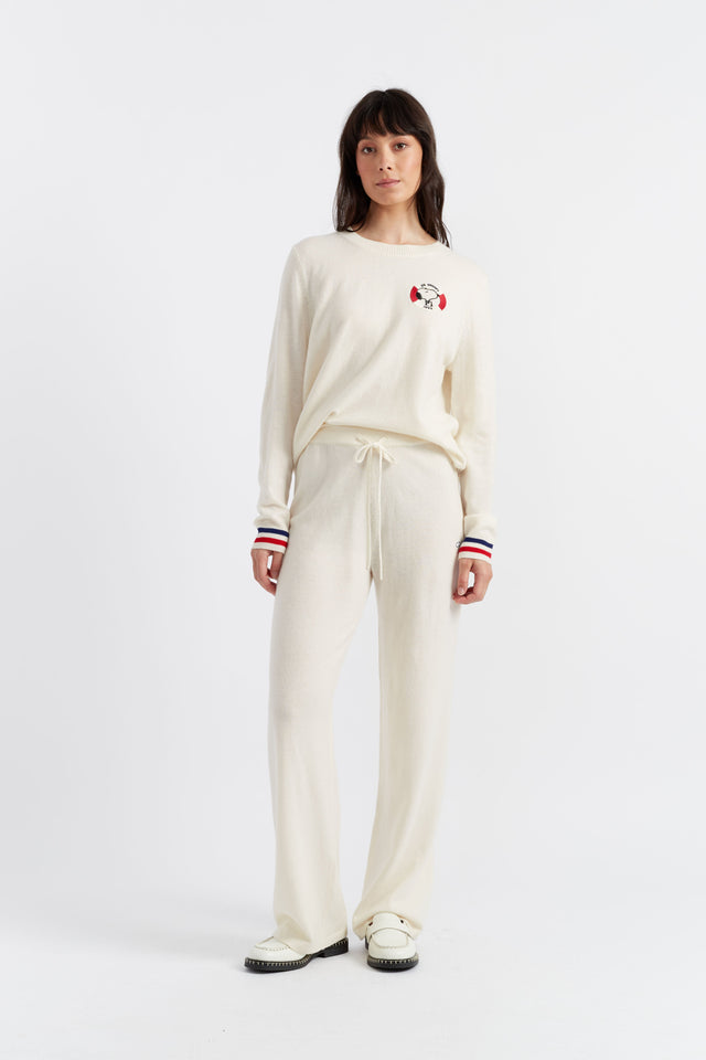 chinti and parker Cream Wool-Cashmere Snoopy Nautical Wide-Leg Track Pants