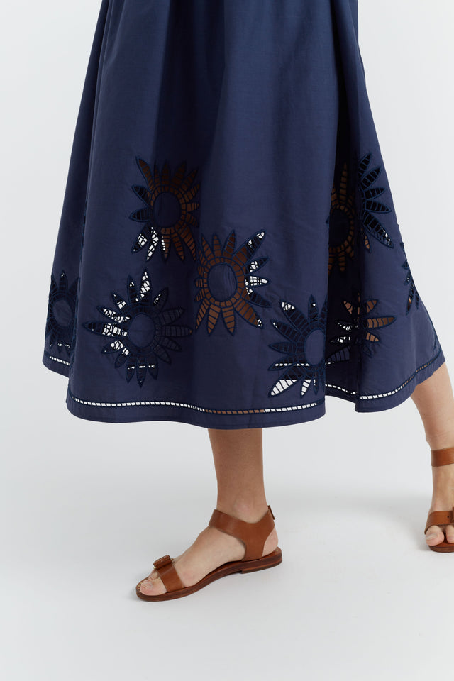 Chinti And Parker Navy Cotton-Lyocell Broderie Dress