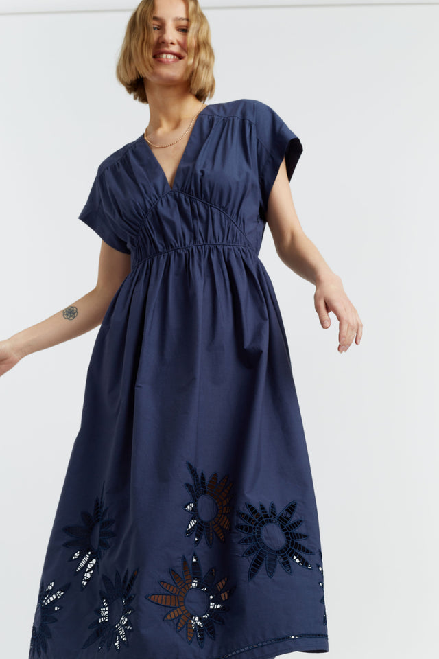 chinti and parker Navy Cotton-Lyocell Broderie Dress