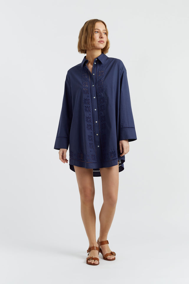 Chinti And Parker Navy Cotton-Lyocell Broderie Shirt Dress