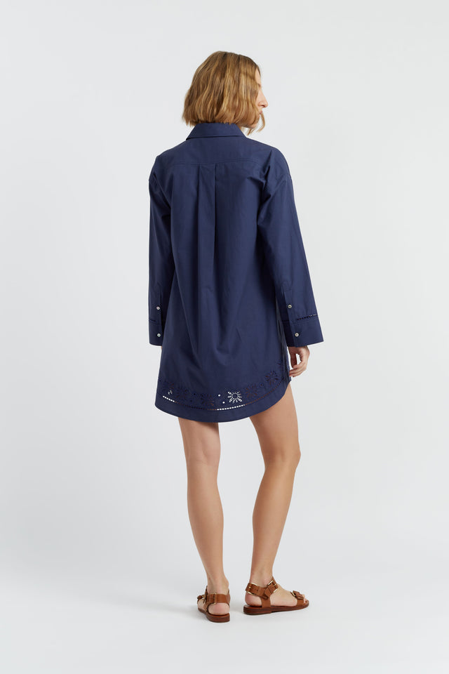 Chinti And Parker Navy Cotton-Lyocell Broderie Shirt Dress