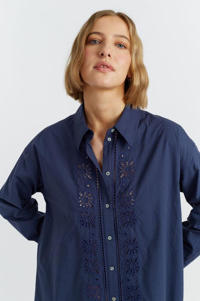 chinti and parker Navy Cotton-Lyocell Broderie Shirt Dress
