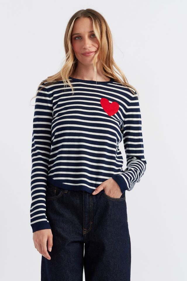 chinti and parker Navy-Cream Merino Heart Breton Sweater