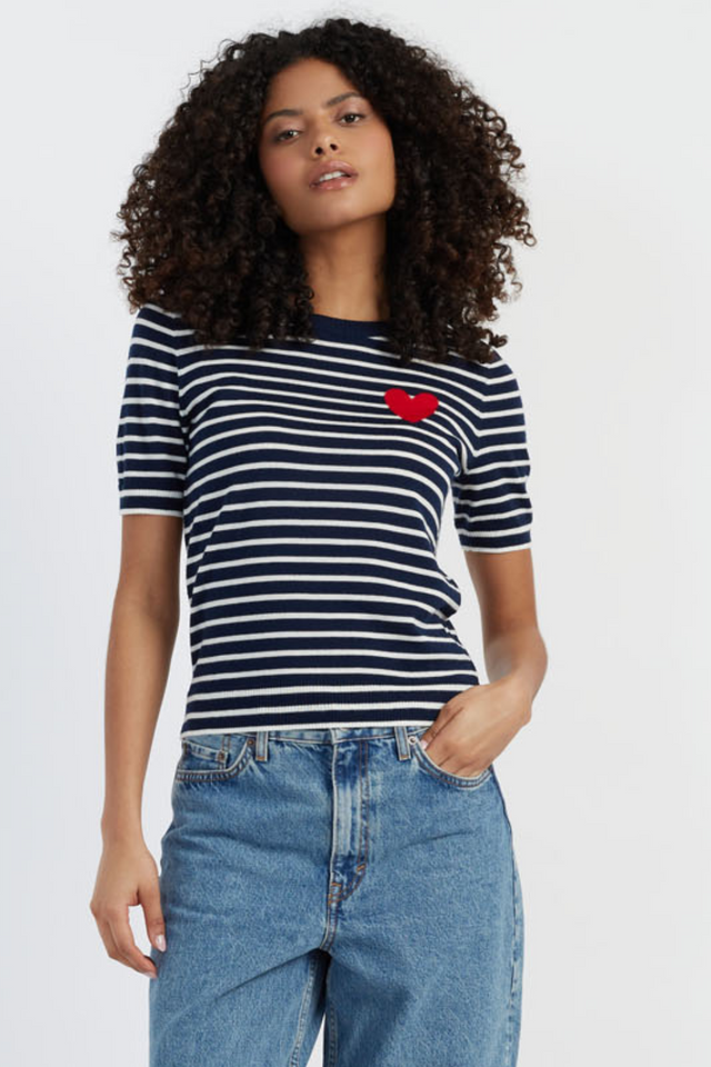 chinti and parker Navy-Cream Merino Heart Breton T-shirt
