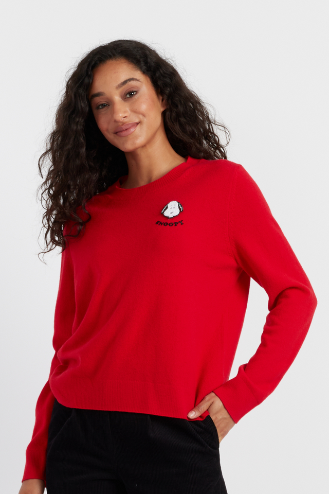 chinti and parker Red Wool-Cashmere Snoopy Badge Sweater