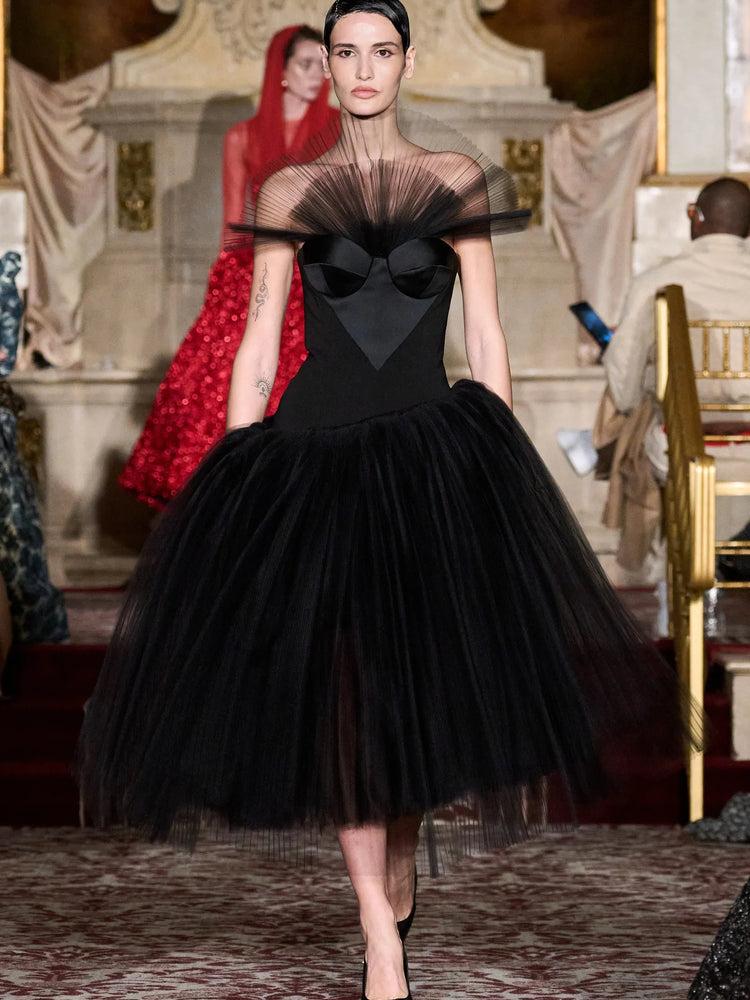 christian siriano Asymmetric Drop Waist Pleated Tulle Dress