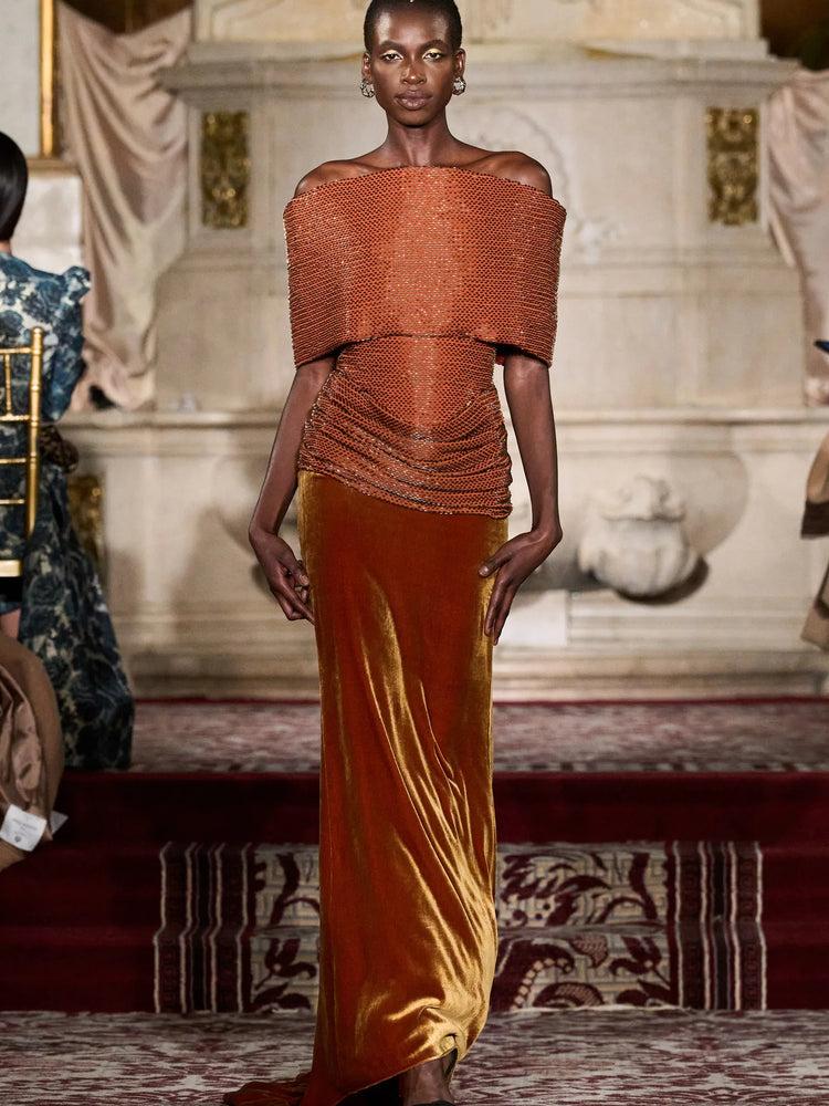 christian siriano Beaded Copper and Velvet Off the Shoulder Gown